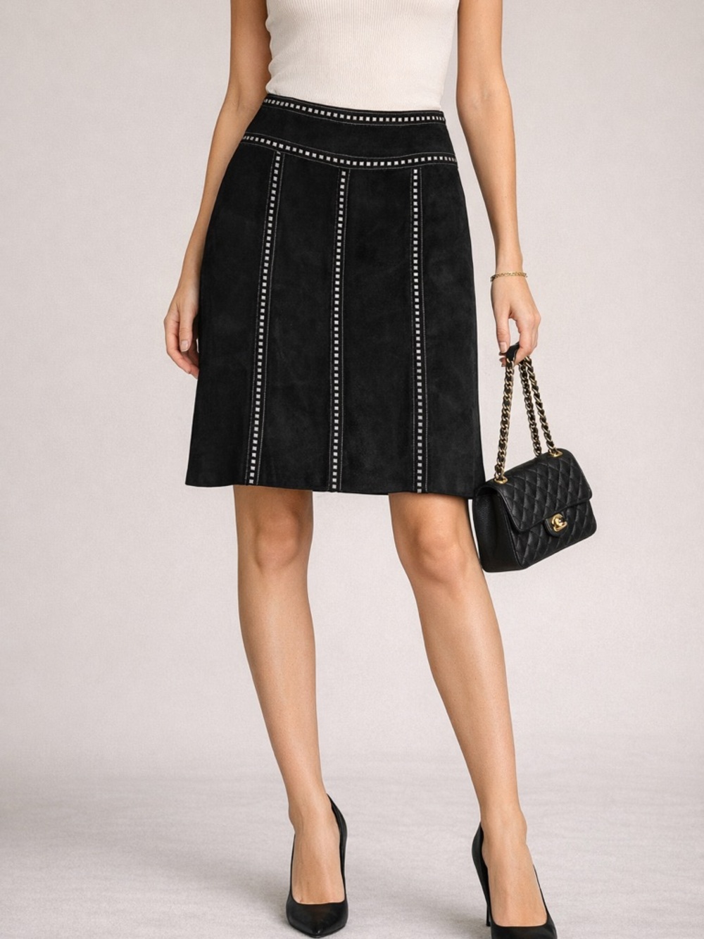 Vintage Rena Lange Black Goatskin Leather Skirt Sz L Panel A-Line Contrast Trim